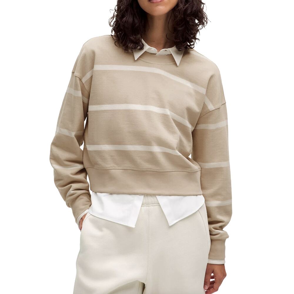 Lululemon Perfectly Oversized Cropped Crew Sz 4 New $118 Tan White Sweatshirt